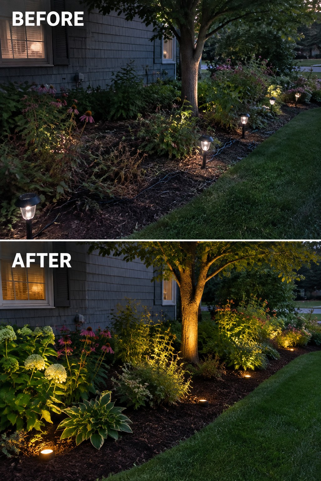 Before and after of garden with added path lights and tree uplighting at dusk