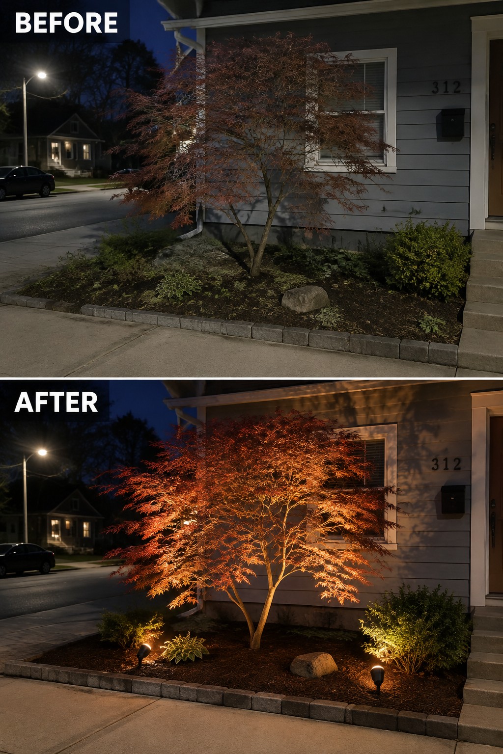 Before and after of spotlighted Japanese maple tree and shrubs by house at night.
