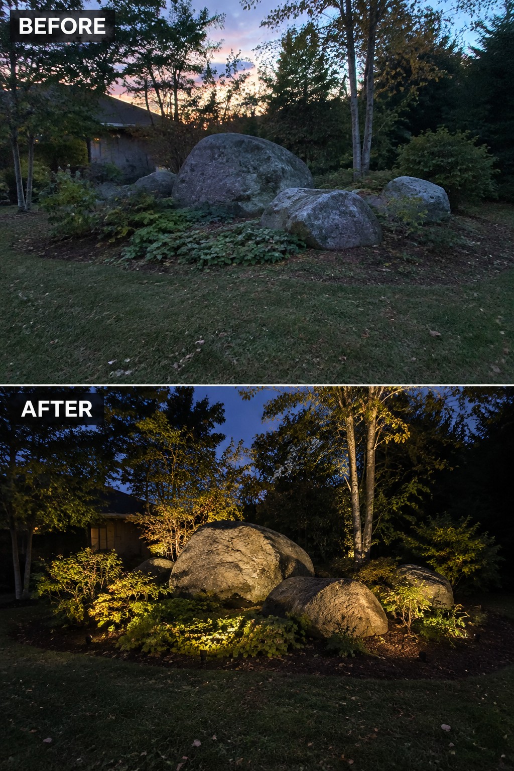 Before-and-after of boulder garden with added landscape lighting at dusk.