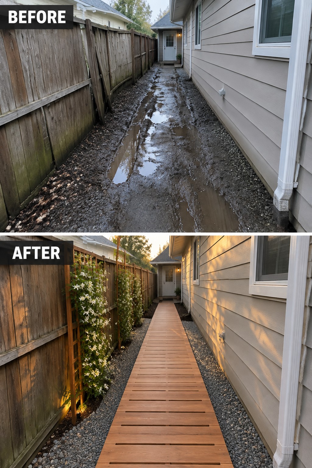 Before muddy path and after wooden walkway with plants between fence and house.