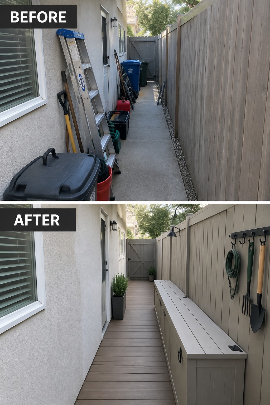 Before-and-after of cluttered side yard transformed into organized deck with storage bench and hooks.