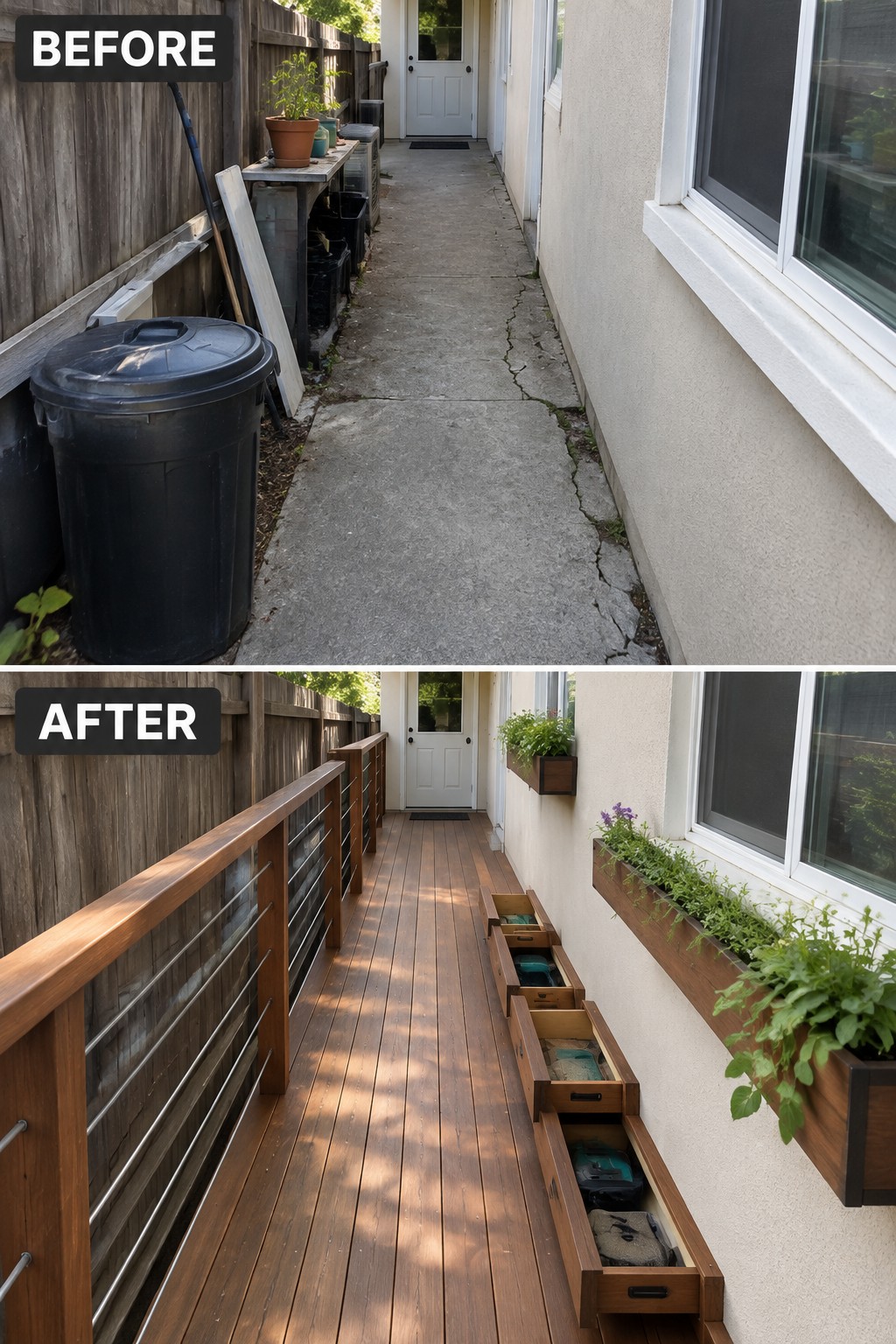 Before and after of narrow walkway transformed into wooden deck with planters and storage.