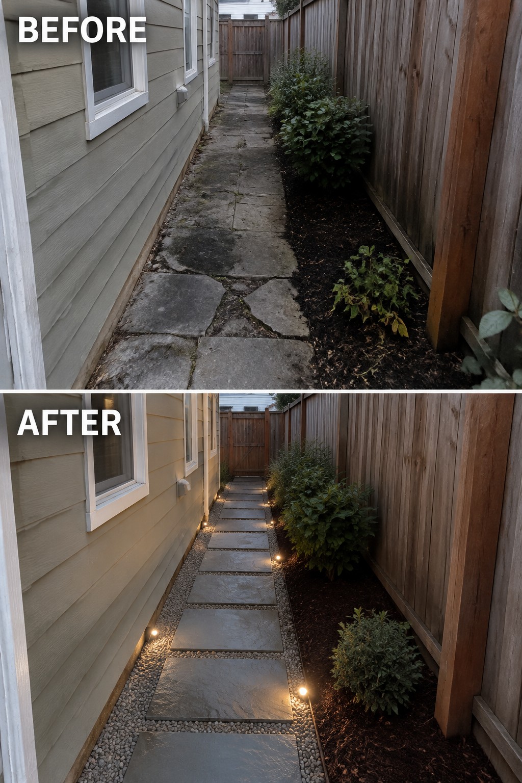 Before-and-after image of a narrow side yard walkway updated with gravel borders, uniform pavers, and path lighting.