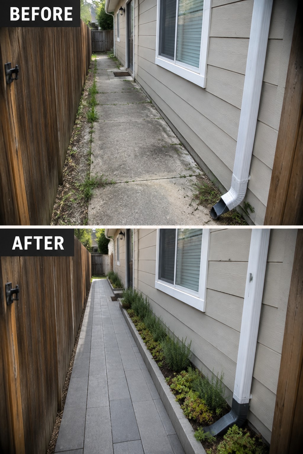 Before-and-after side walkway transformed from cracked concrete with weeds to paver path and garden bed.
