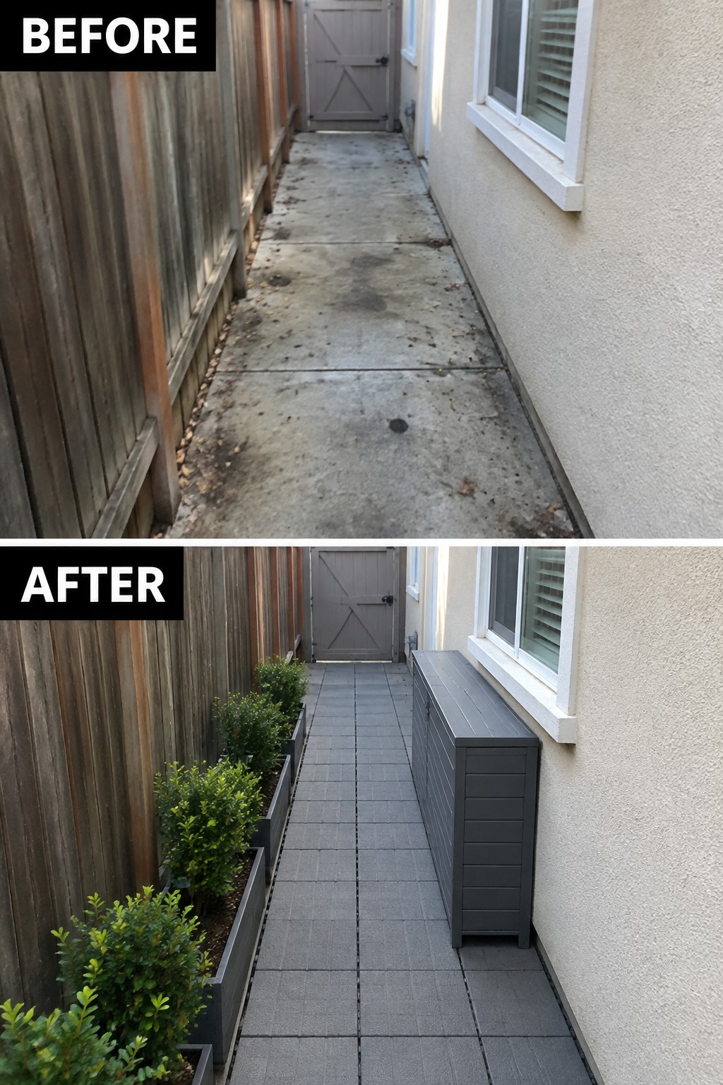 Before and after of narrow walkway with gray tiles, planters and storage bench.