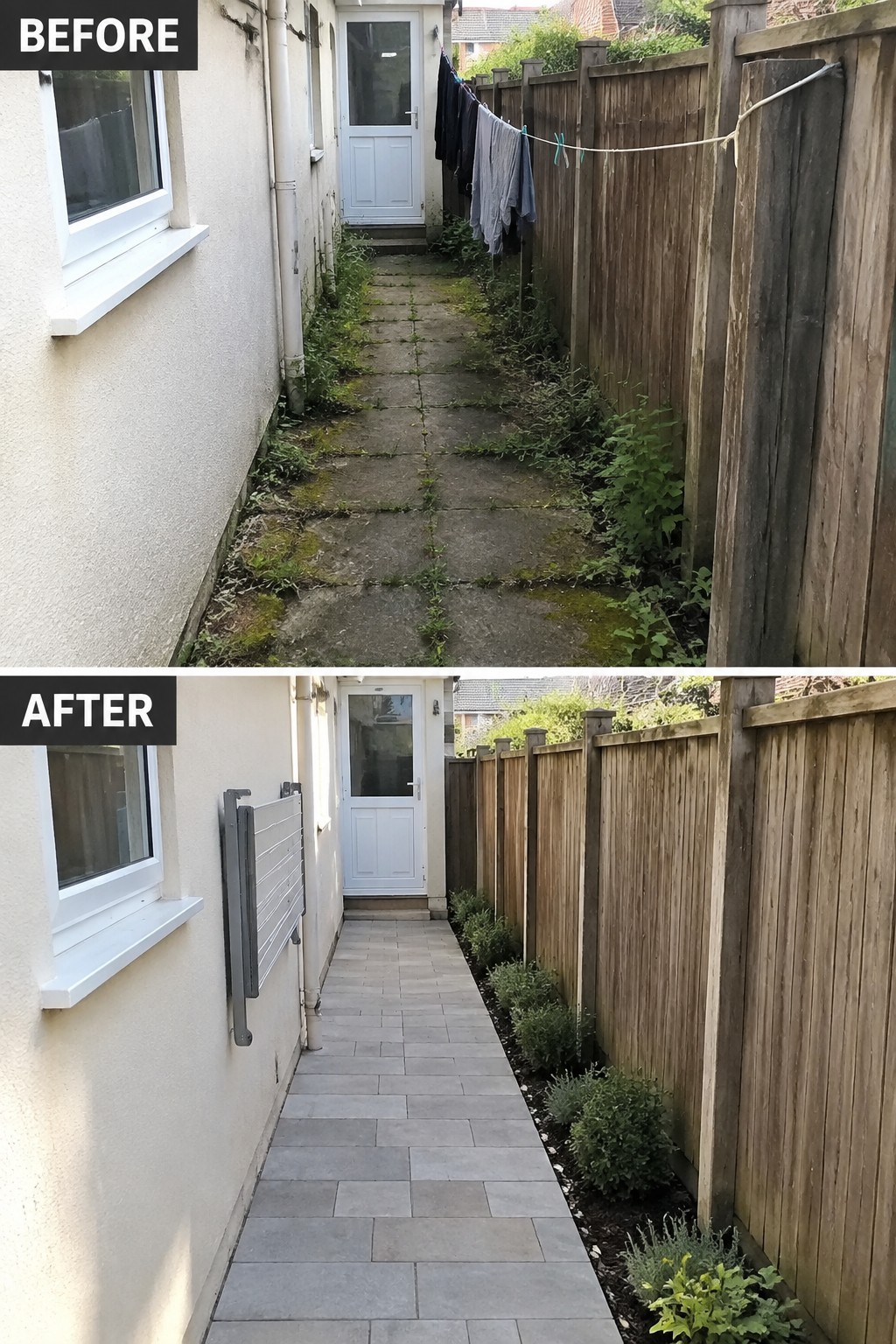 Before-and-after alleyway: overgrown weedy path versus clean paved walkway with plants.