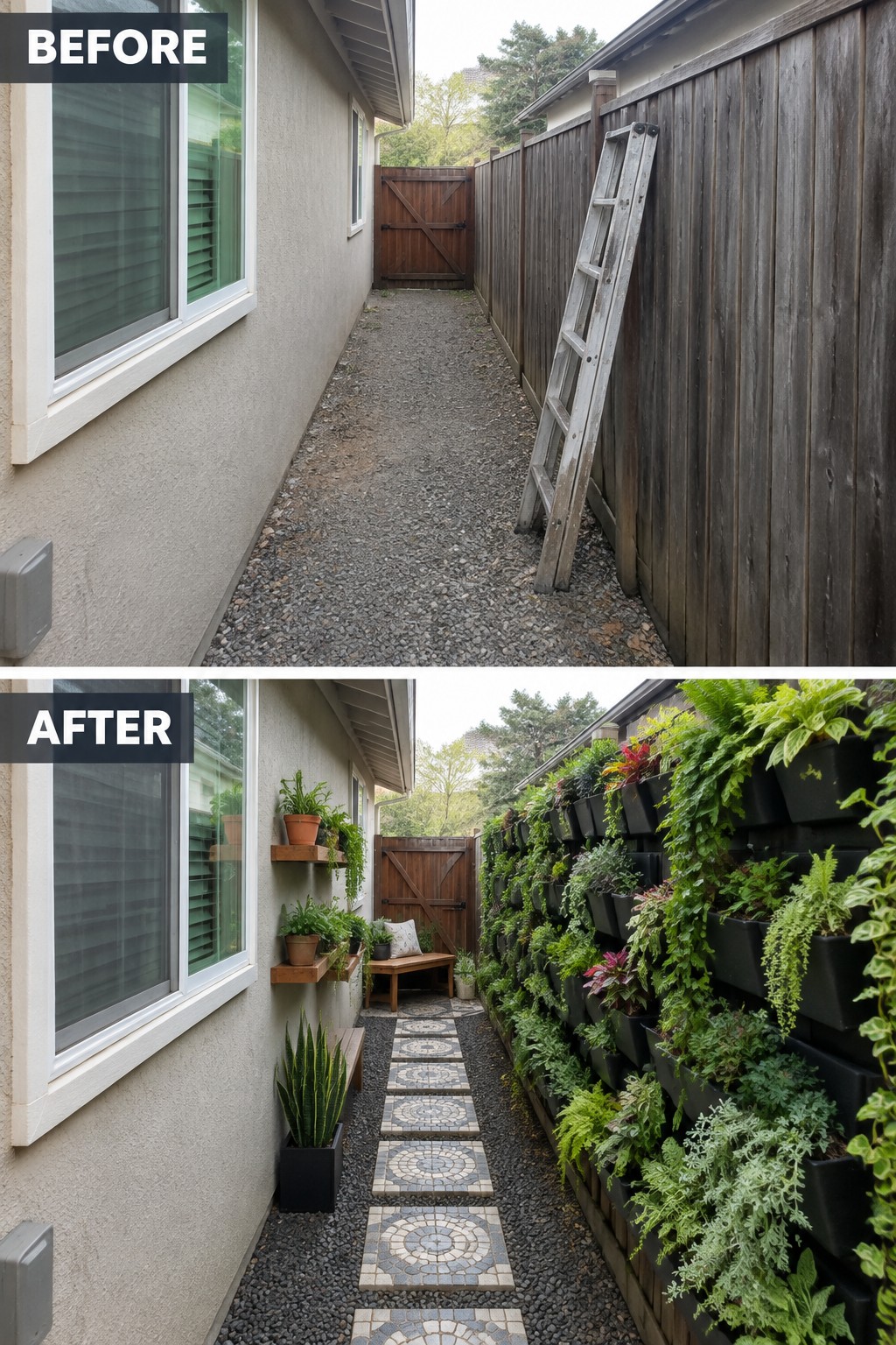 Before and after of narrow path with vertical garden wall and mosaic stepping stones