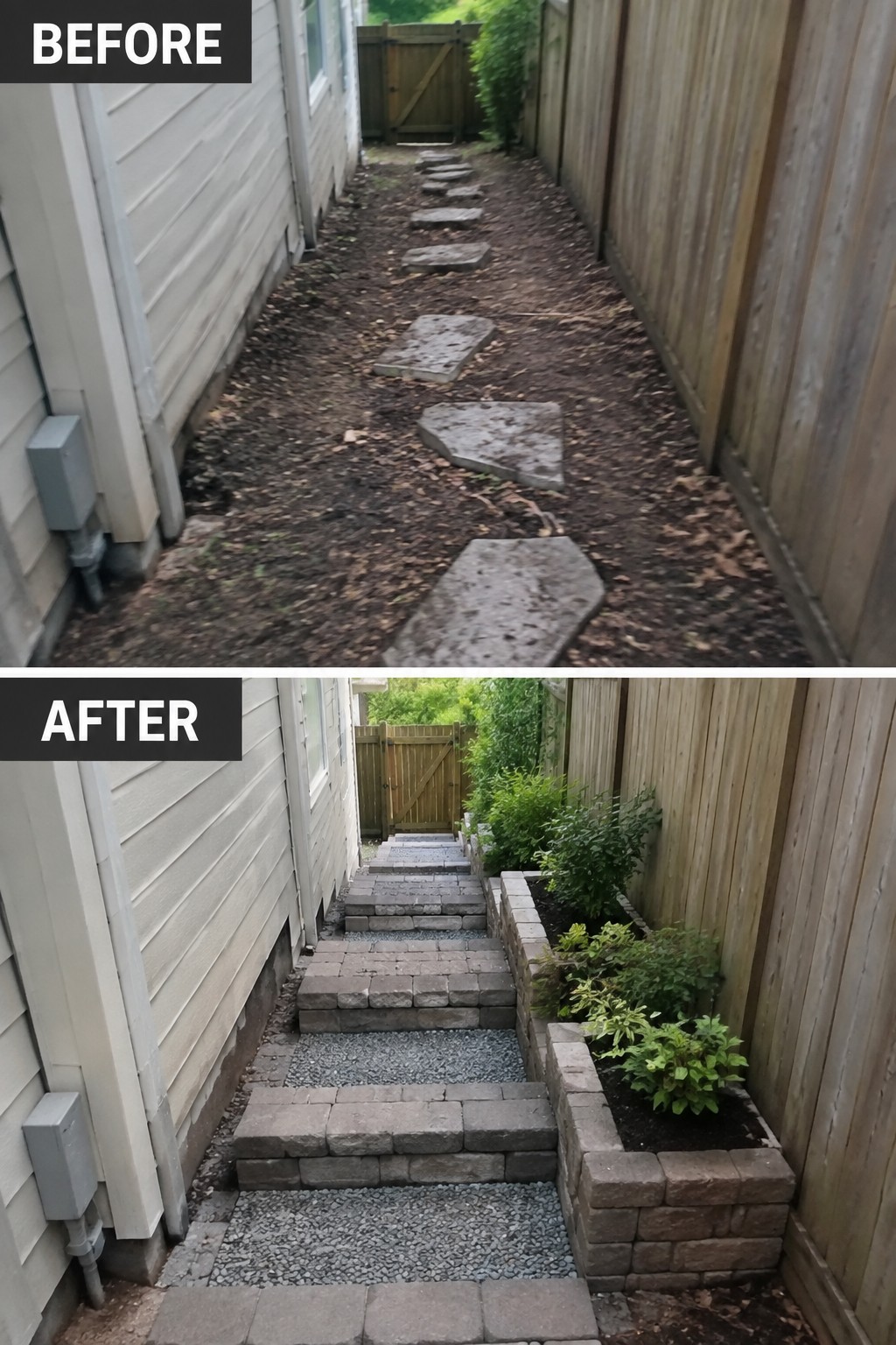 Before and after of narrow yard path with new brick steps and planters.