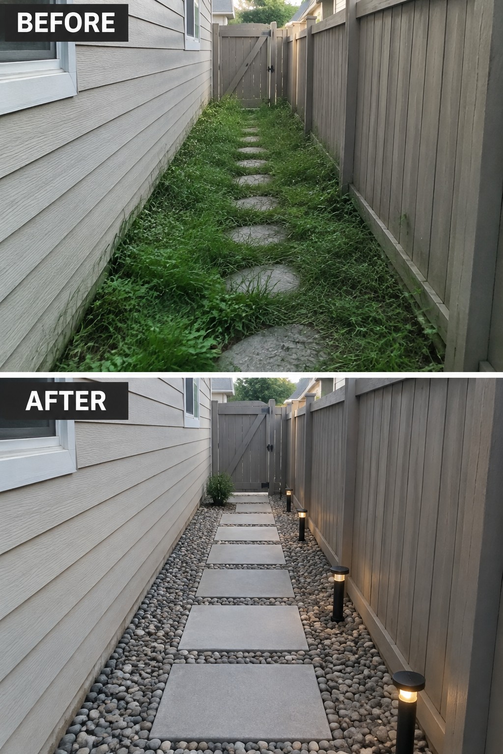 Before-and-after image of an overgrown side yard path changed into a clean gravel walkway with pavers and low pathway lights.