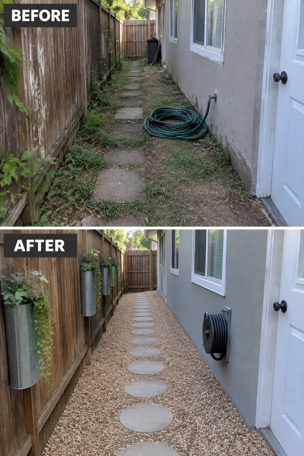 Before-and-after views of overgrown side yard transformed with gravel path and wall planters