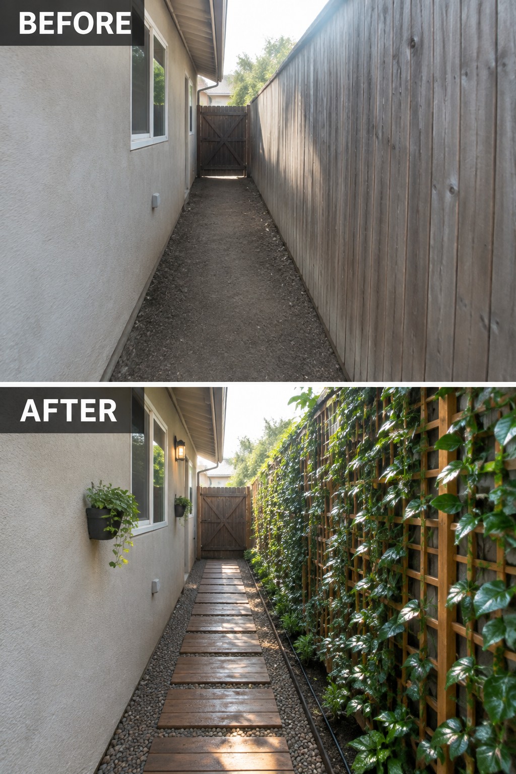 Before-and-after of narrow walkway transformed with wood planks, gravel, and vine-covered trellis.