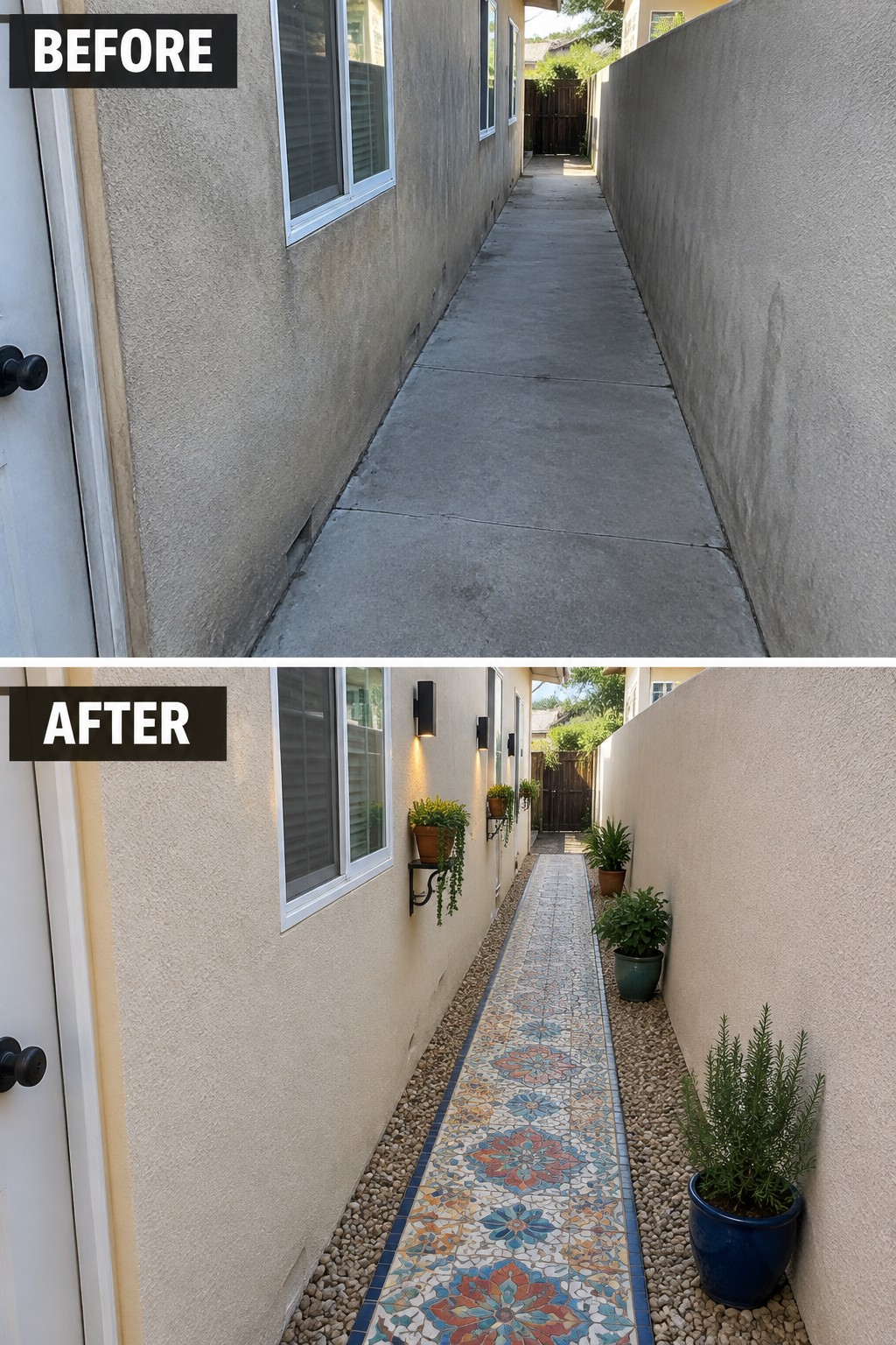 Before-and-after alleyway with plain concrete transformed into colorful tiled path with plants.