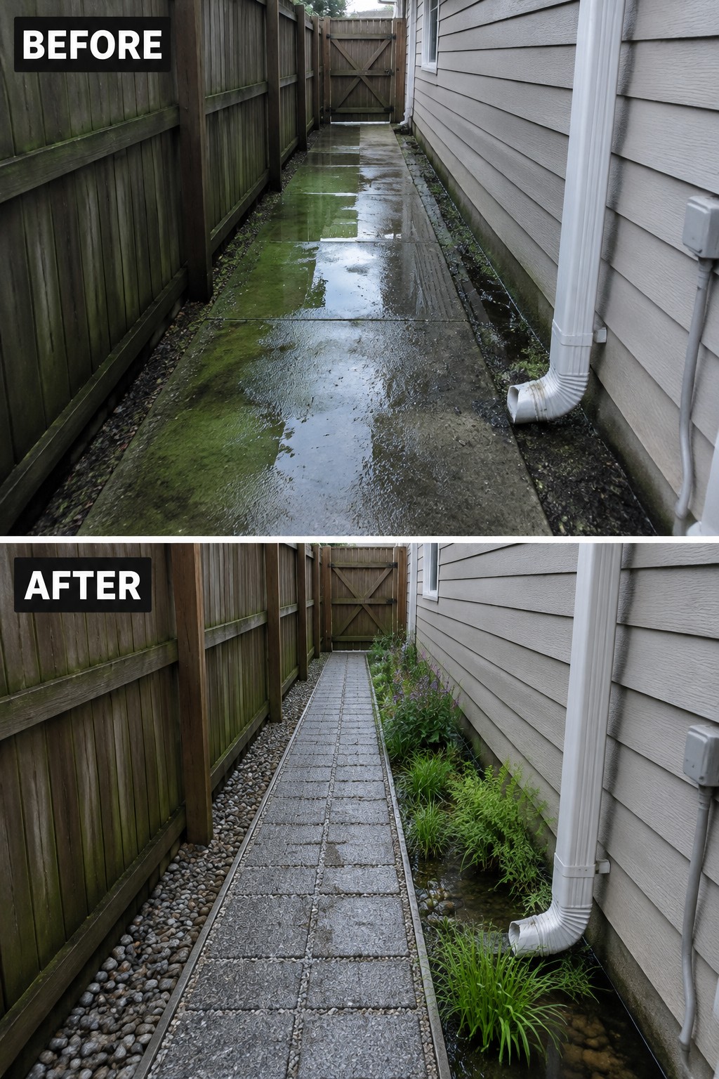 Before and after of narrow path from mossy puddle to stone walkway with plants