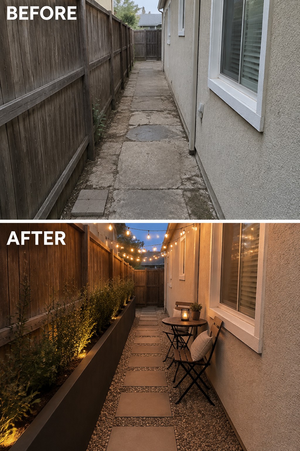Before and after narrow side yard path with string lights, plants, and seating