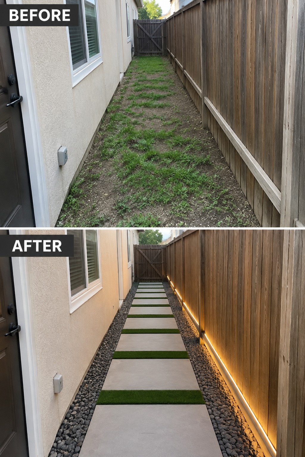 Before and after of weedy path transformed into paver walkway with gravel and LED lights.