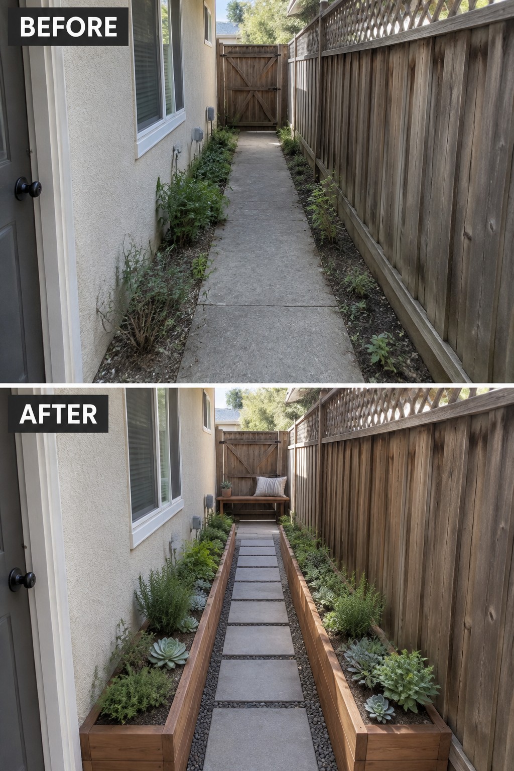 Before-and-after image of a narrow side yard walkway transformed from overgrown weeds along a concrete path to structured wooden raised beds with succulents and a defined paver-and-gravel walkway.