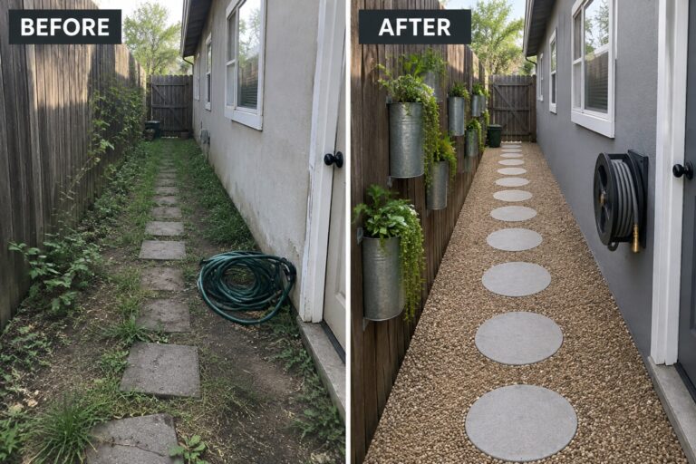 23 Clever Narrow Side-Yard Walkway Ideas With Space-Saving Layouts Before-and-after views of overgrown side yard transformed with gravel path and wall planters