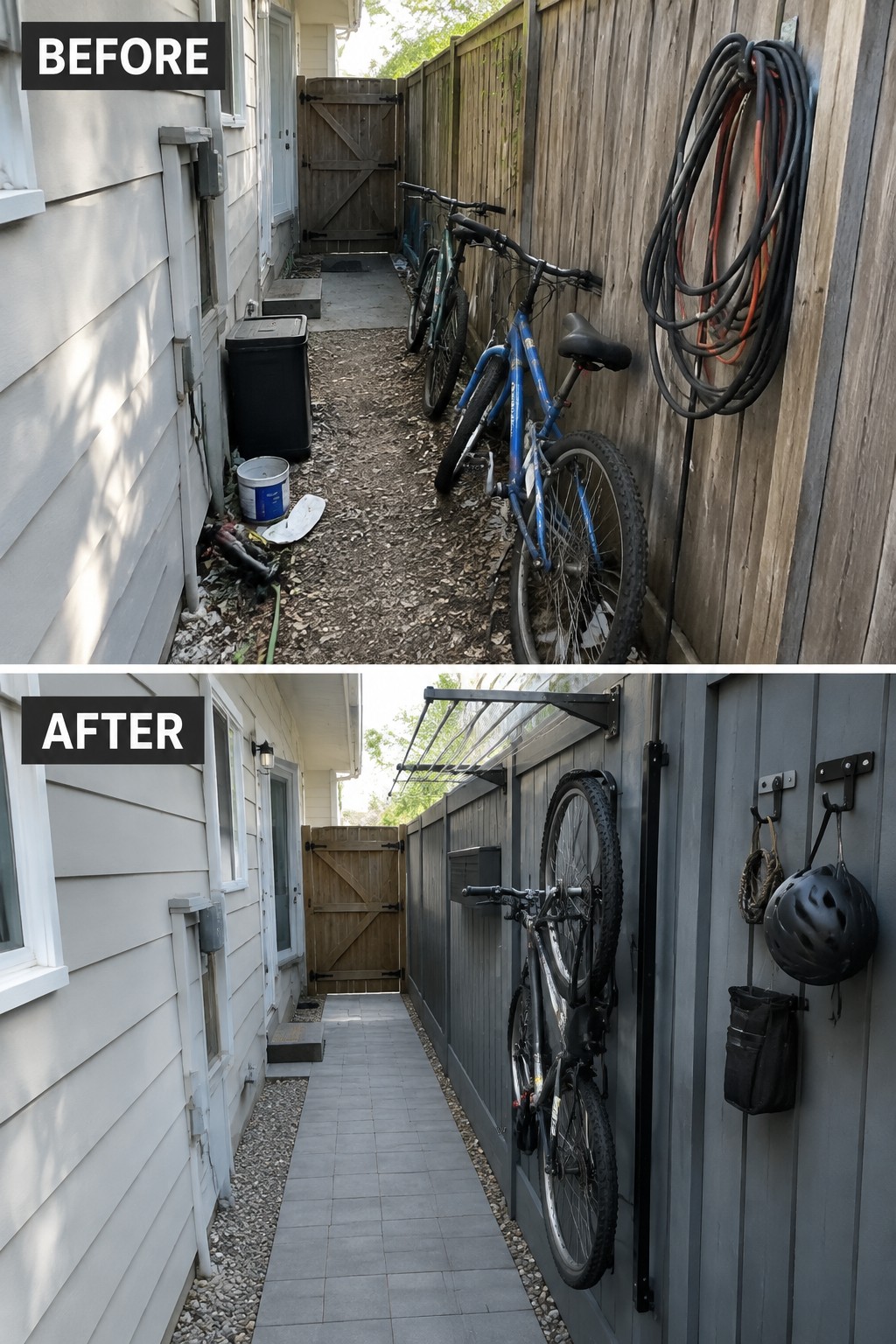 Before and after of cluttered yard transformed into tidy space with wall-mounted bike.