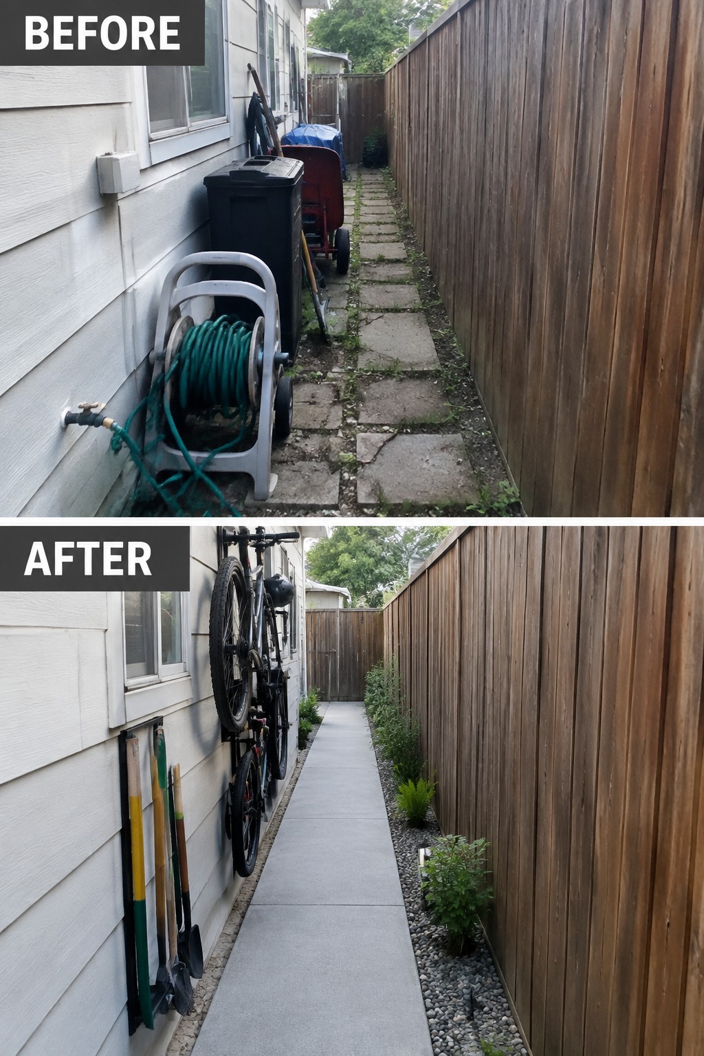 Before and after of cluttered side yard transformed into tidy concrete path with wall-mounted bikes and tools.