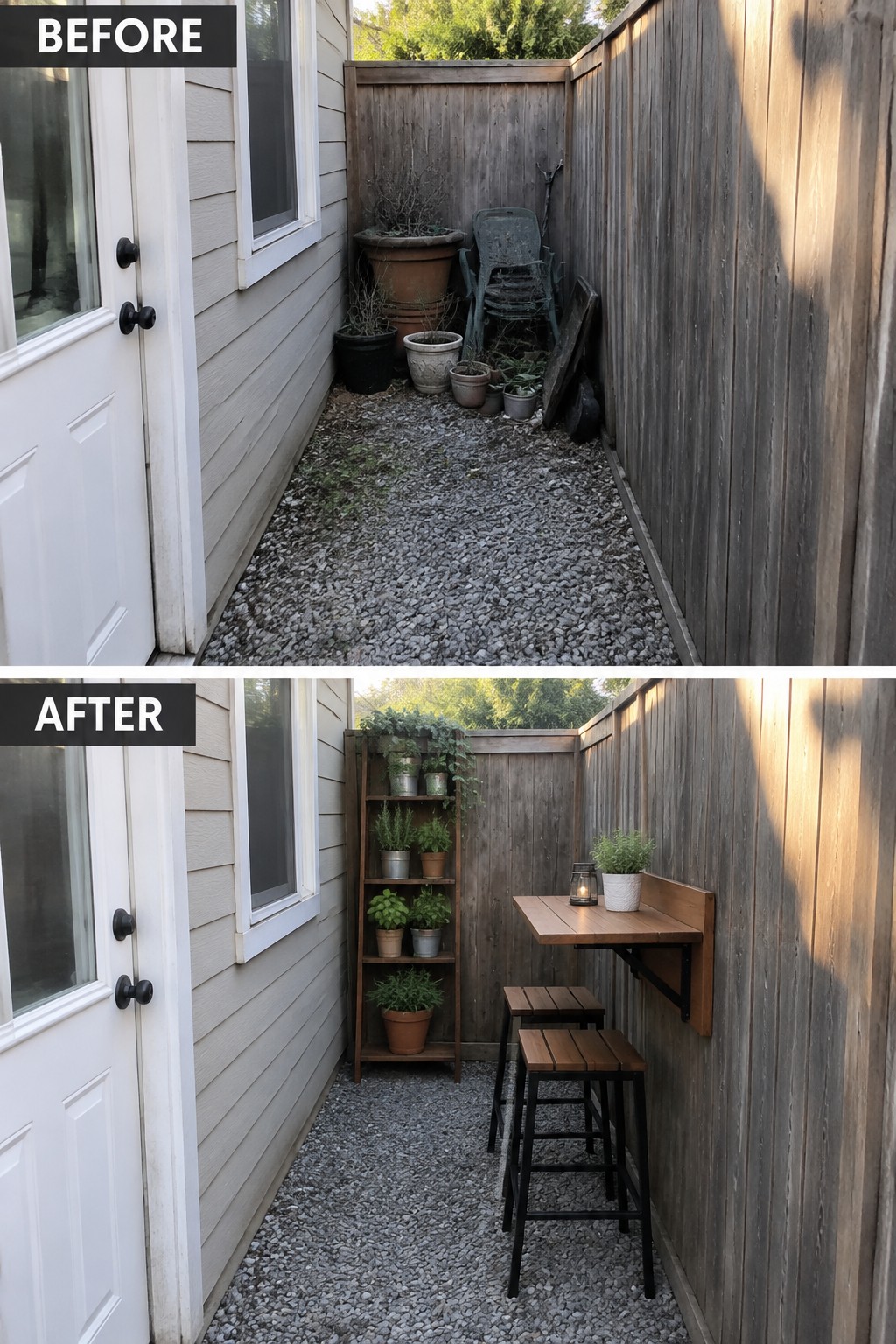 Before-and-after image of a cluttered narrow side yard walkway transformed into a functional outdoor seating area with a wall-mounted table, stools, and a tall plant shelf.