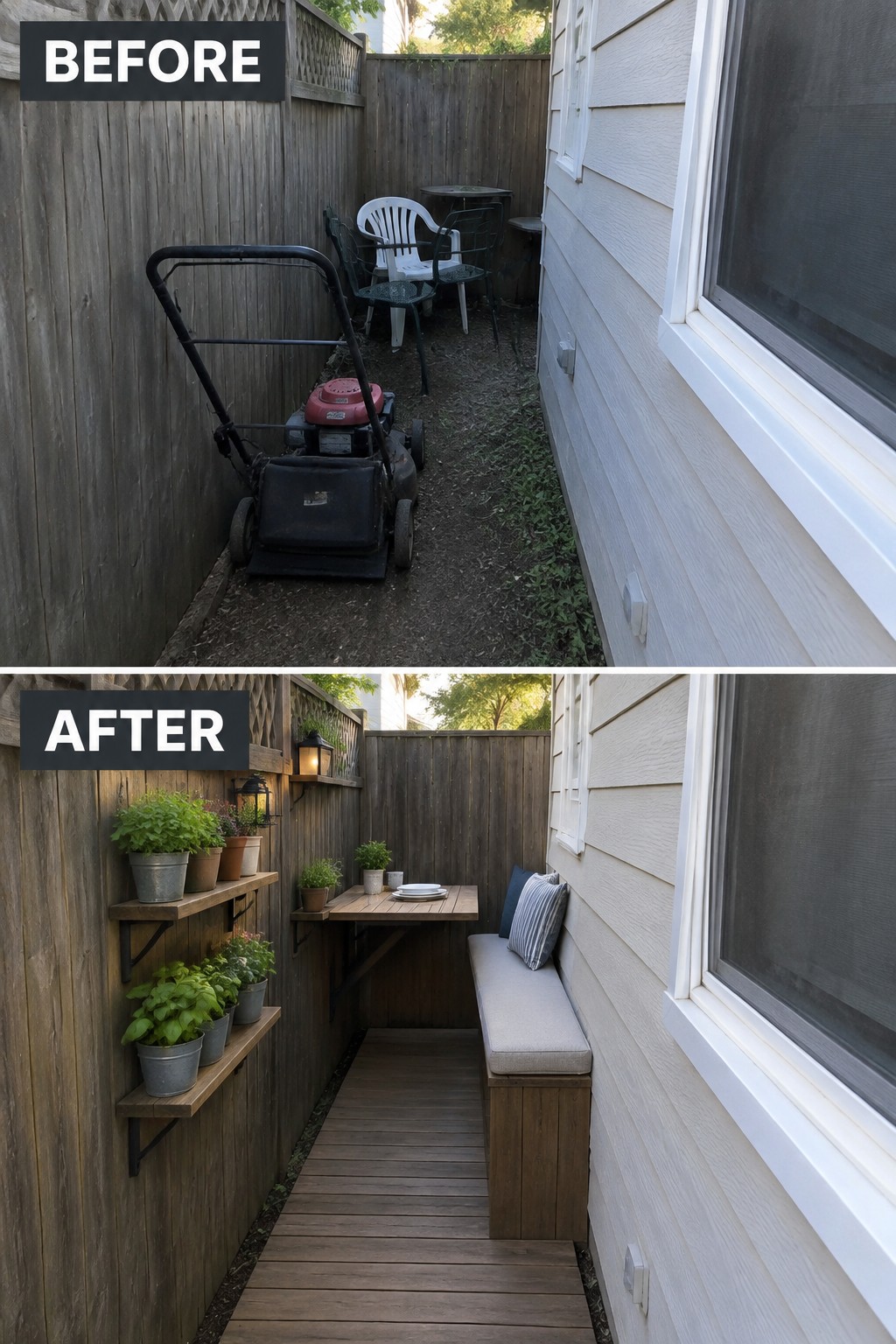 Before-and-after image of a narrow side yard changed from a dirt path with a lawnmower into a decked walkway with a built-in bench and wall shelves.