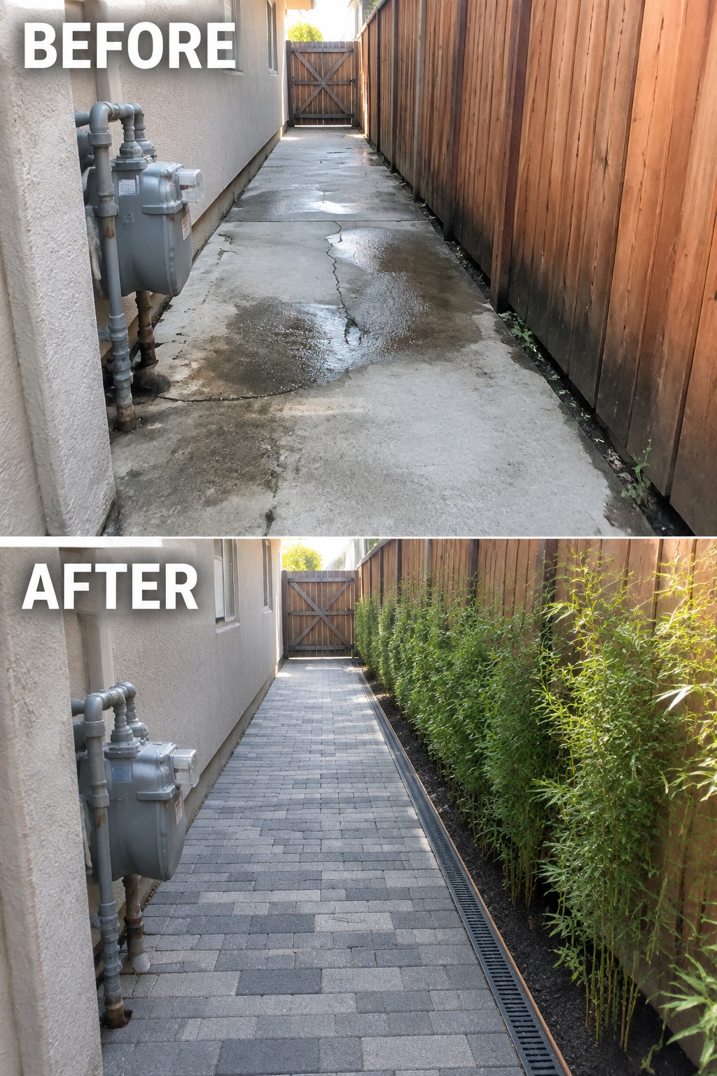 Before-and-after views of alleyway upgraded from cracked concrete to brick pavers with bamboo.