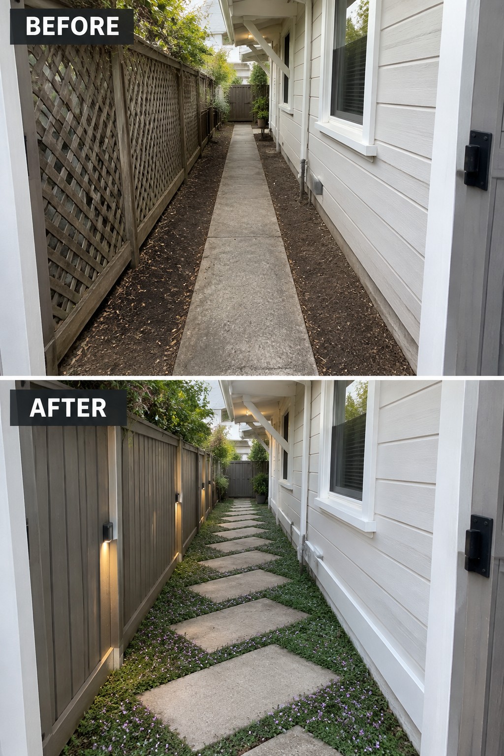 Before-and-after side yard: concrete path replaced by stepping stones, lattice fence by lit modern panels.
