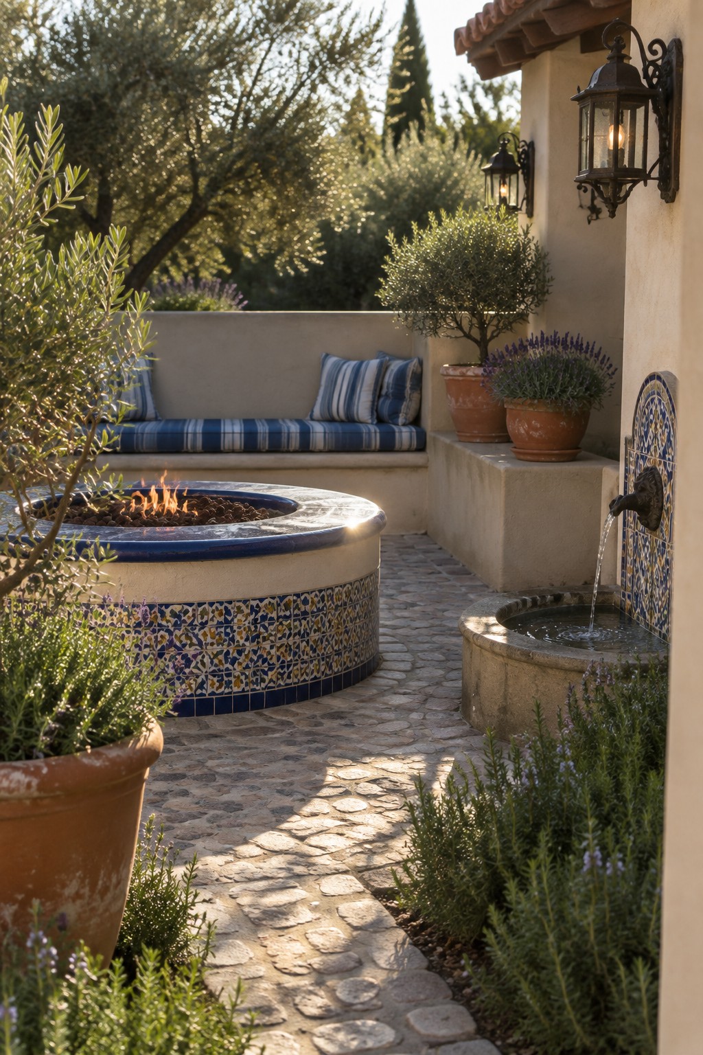 A round tiled fire pit sits beside a built-in bench with blue striped cushions, next to a stone water fountain and potted plants along a cobblestone path.