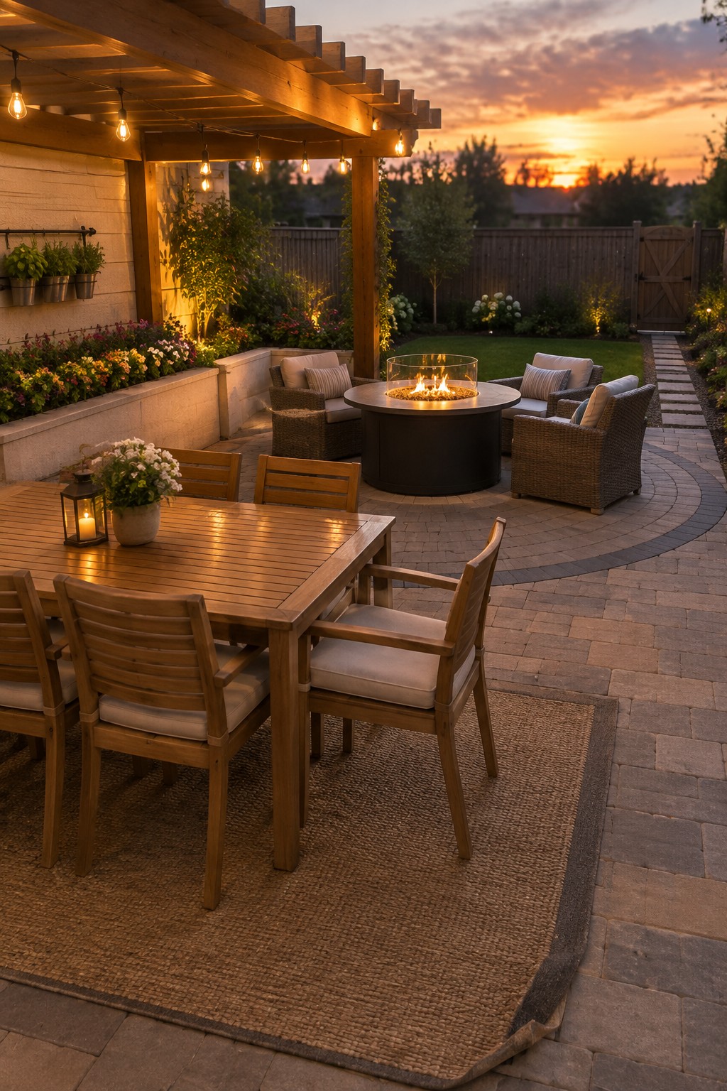 A backyard patio at dusk features a round fire pit with woven chairs around it, a wooden dining table on a rug in the foreground, and string lights on a pergola overhead.