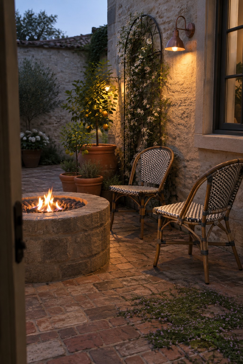 A circular stone fire pit with burning wood sits on a brick patio beside two woven chairs and several potted plants against a stone wall.