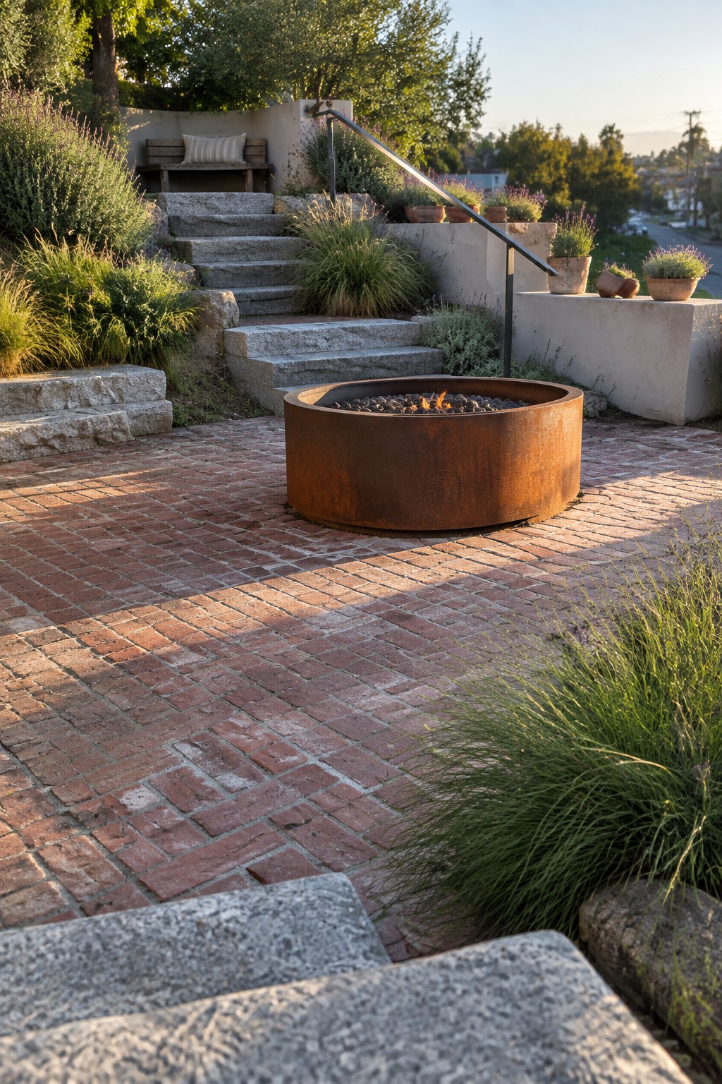 A large round metal fire pit rests on a red brick patio beside stone steps, with potted plants and garden beds around the edges.