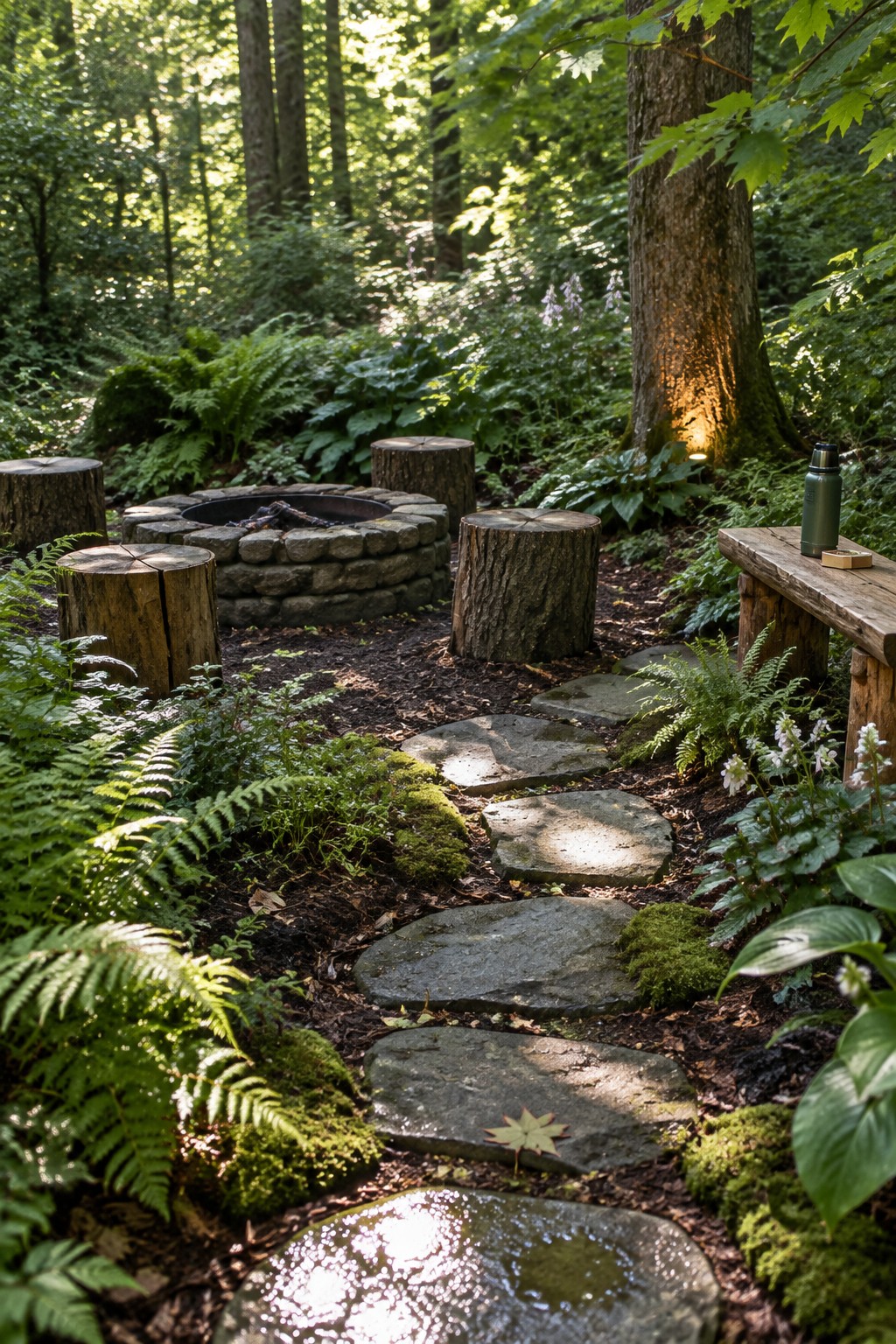 Mossy stone path leads through ferns to a stone fire pit with log stools.