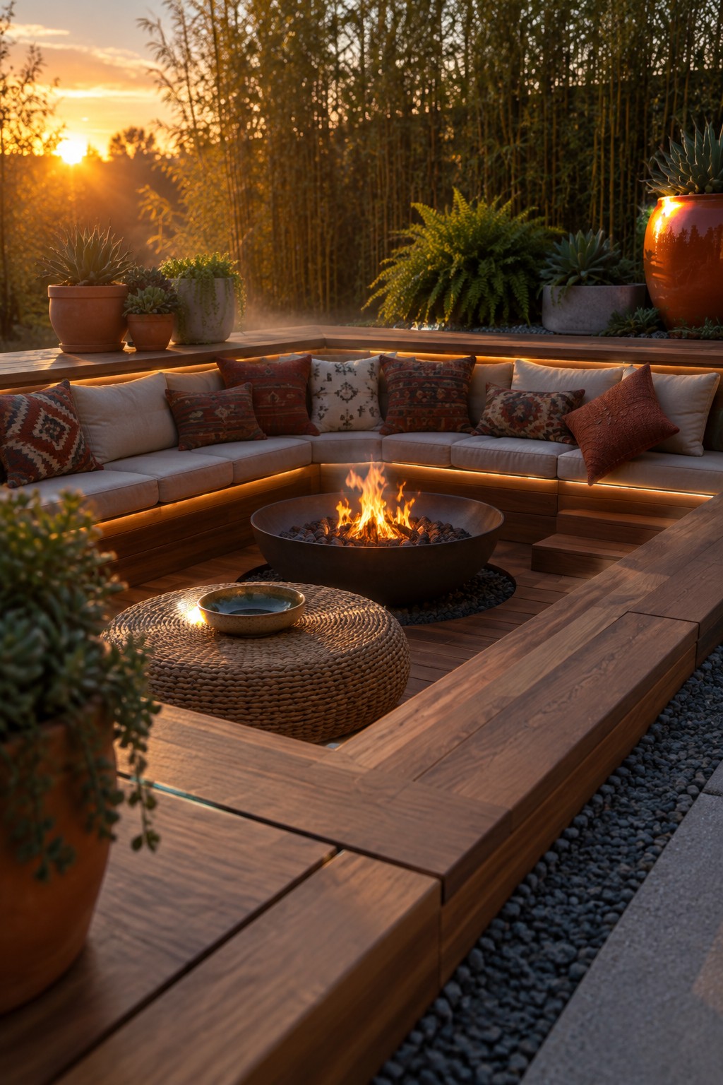 A round fire pit centered on a wooden deck with L-shaped built-in seating lined with cushions and pillows, surrounded by potted plants and trees at sunset.