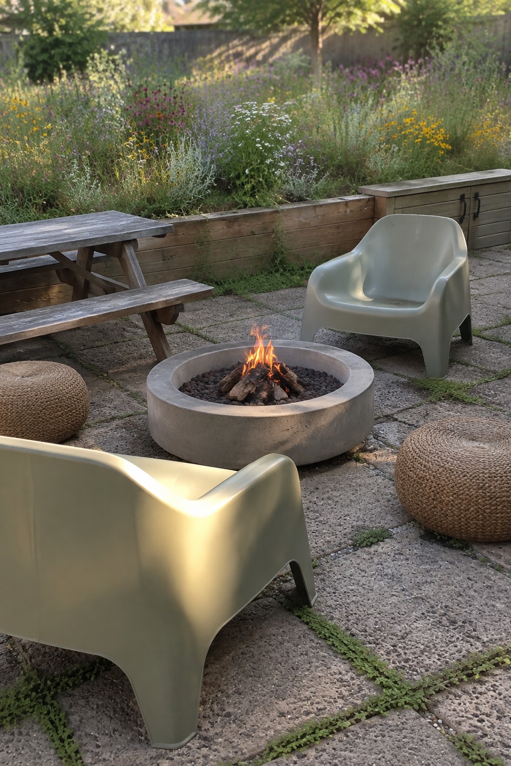 A round concrete fire pit with burning logs sits on a stone patio, surrounded by two green molded chairs and two woven stools, with a raised garden bed behind it.