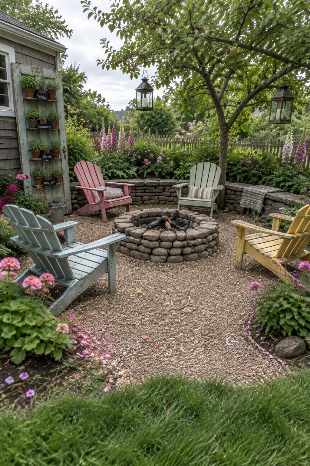 A gravel backyard area with a circular stone fire pit at the center, surrounded by four colorful Adirondack chairs and bordered by a low stone wall and garden beds.
