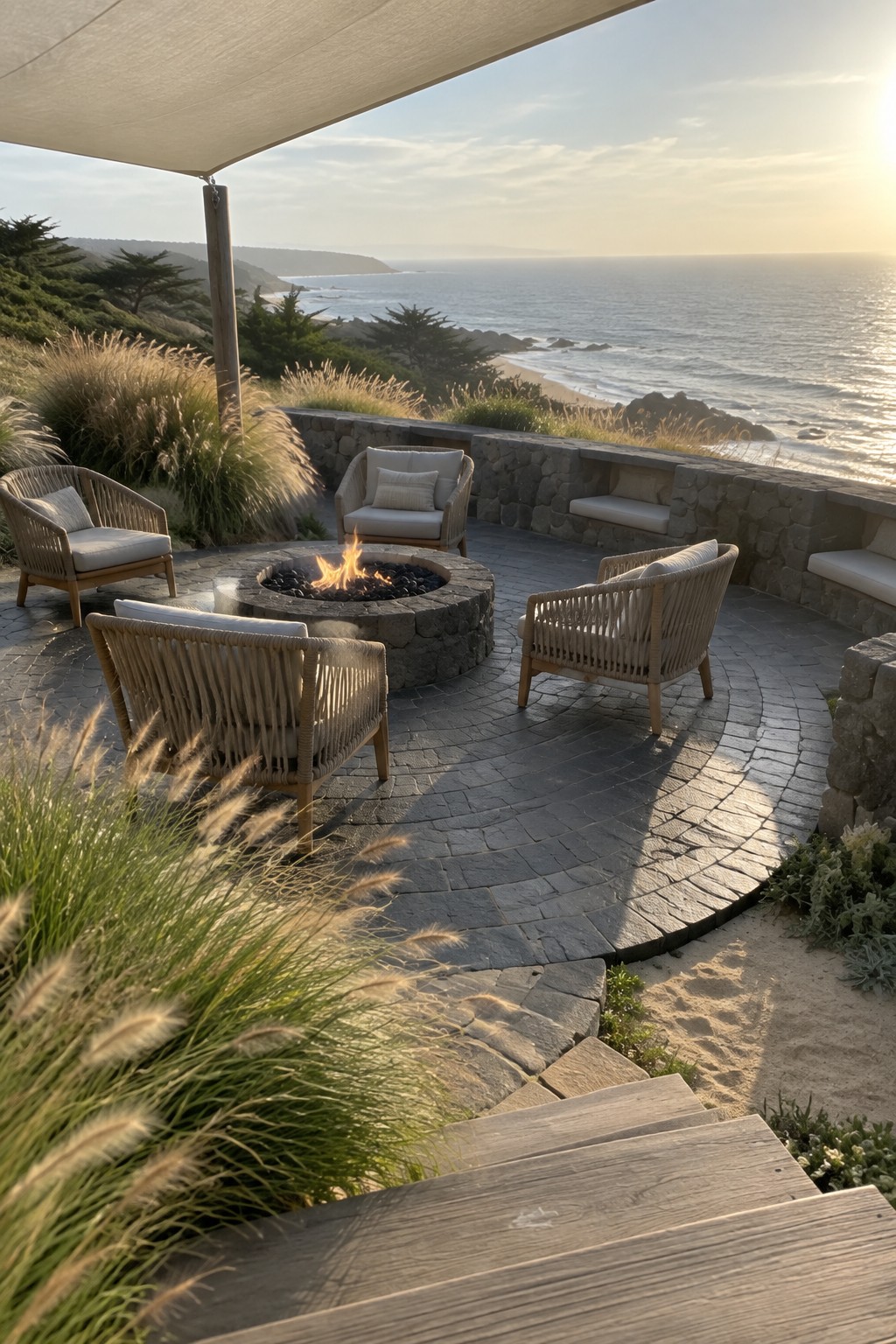 Woven chairs around stone fire pit on oceanfront patio at sunset