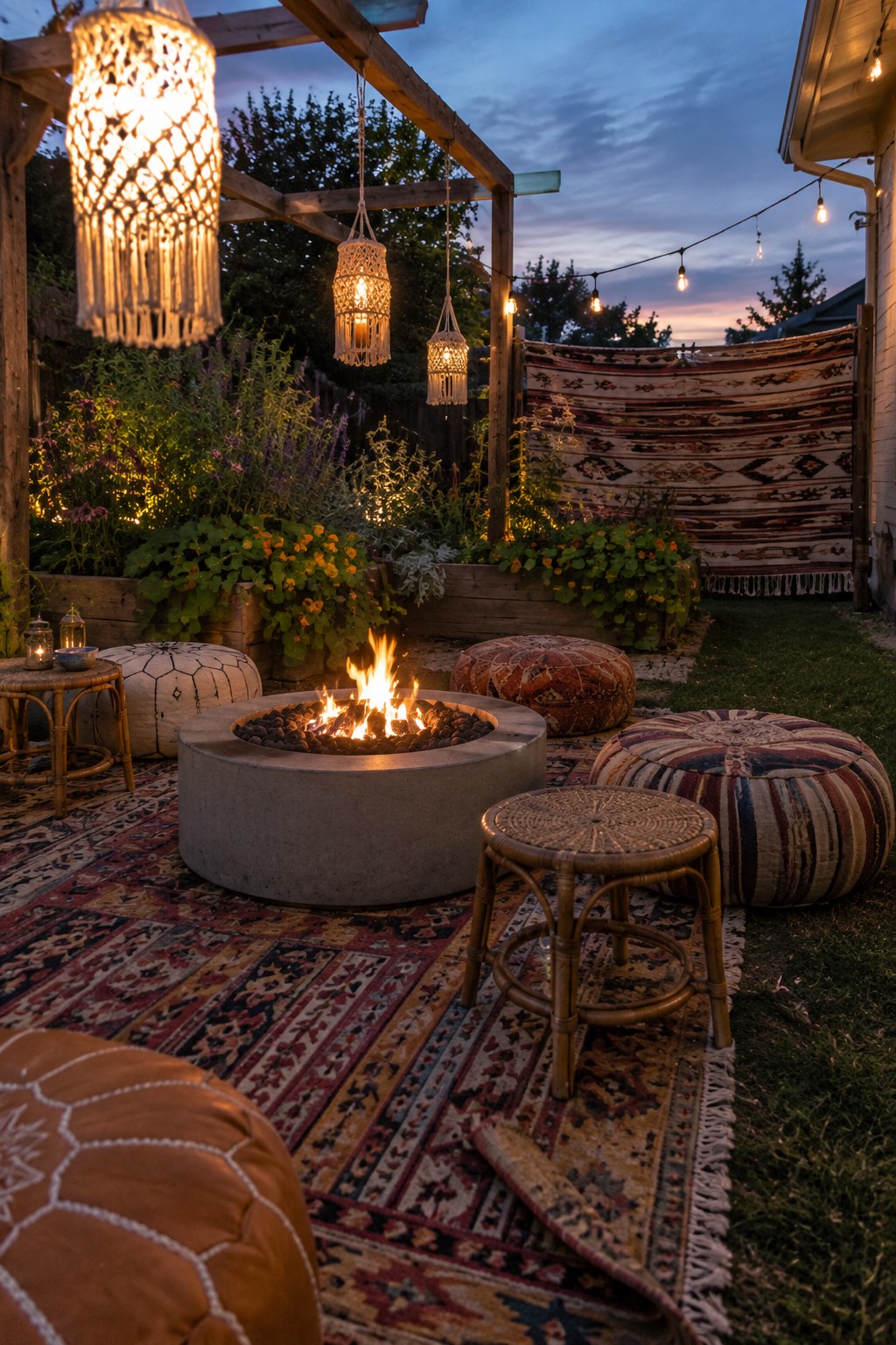 A concrete fire pit sits on layered patterned rugs in a backyard, surrounded by leather poufs, wicker stools, hanging lanterns, and string lights at dusk.