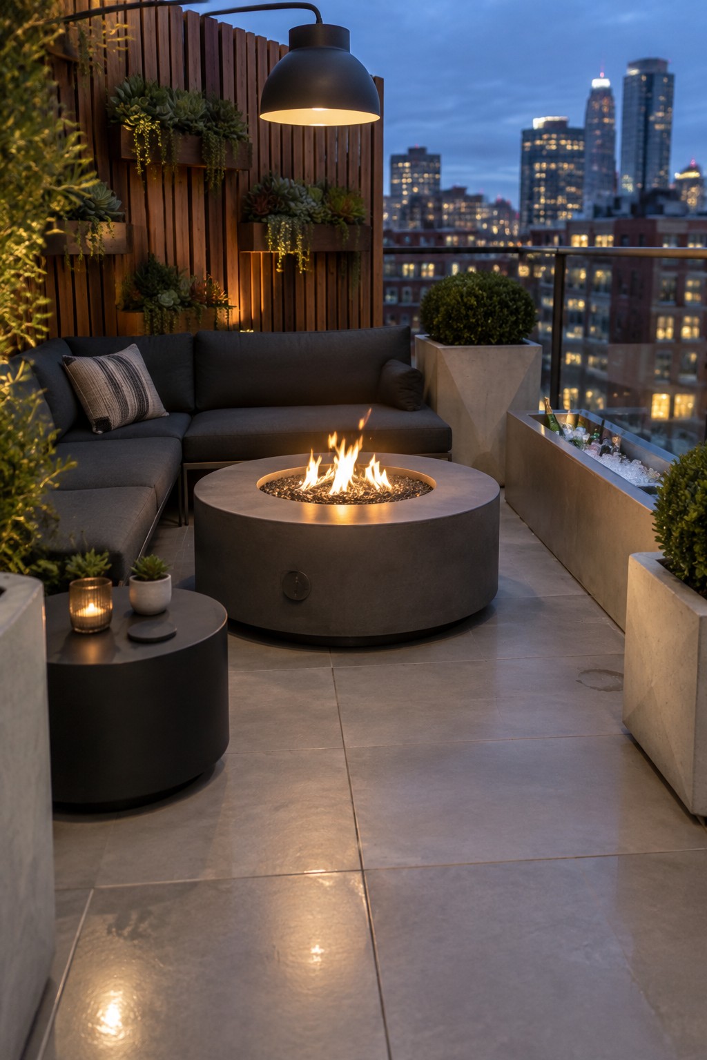 A round concrete fire pit sits at the center of a tiled rooftop terrace, surrounded by a dark gray sectional sofa, with potted plants, a pendant light overhead, and a city skyline visible at dusk.