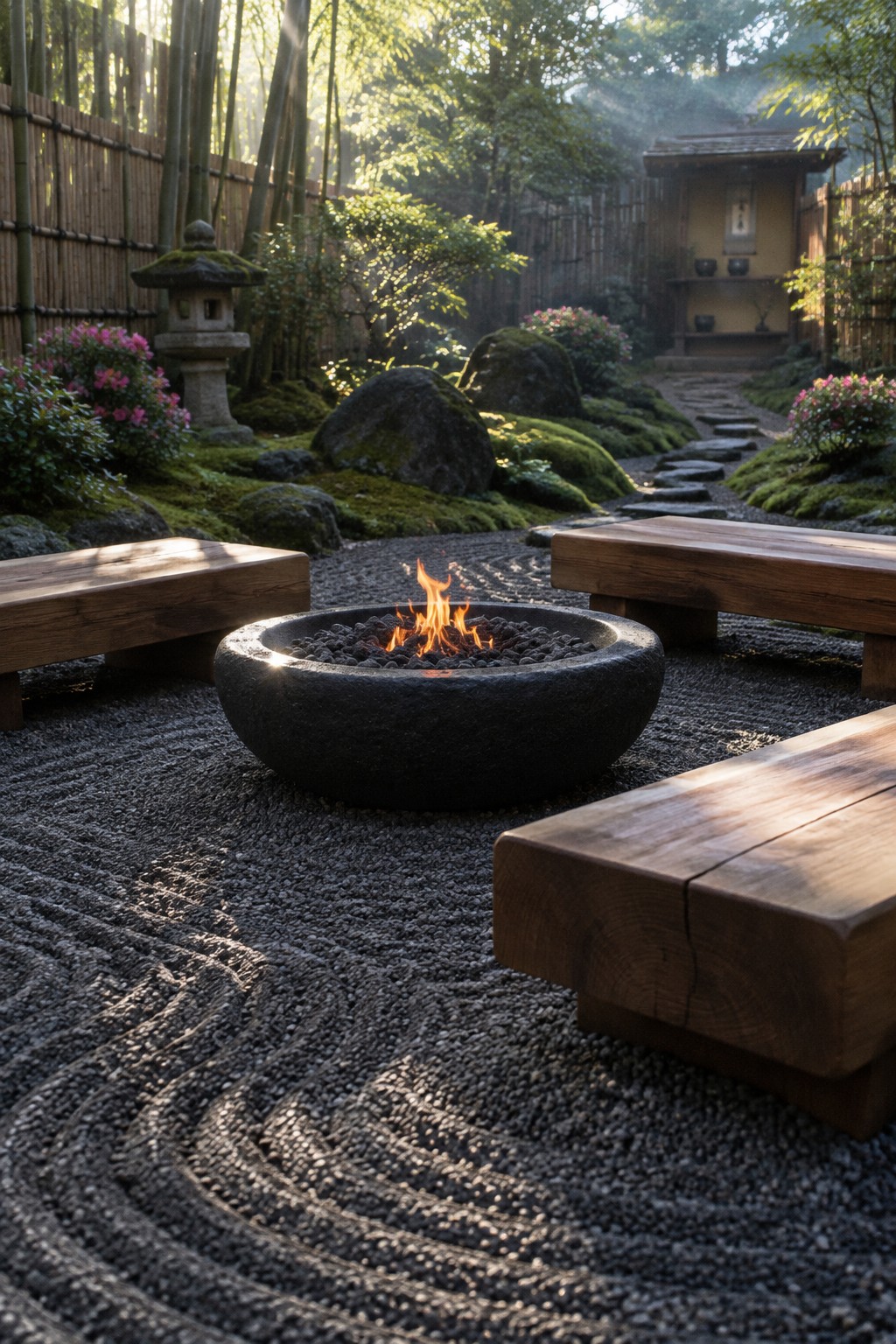 A round stone fire pit with flames sits centered on raked dark gravel, flanked by three wooden benches in a garden with mossy rocks and a stone lantern.