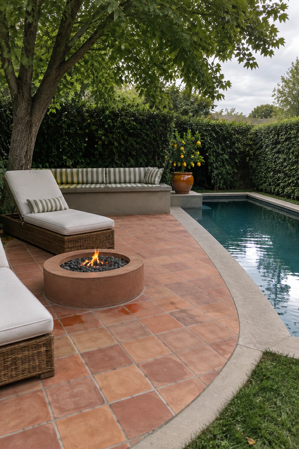 A round concrete fire pit with burning logs sits on a terracotta tiled patio next to a swimming pool, with wicker lounge chairs, a built-in bench, and a potted citrus tree in view.