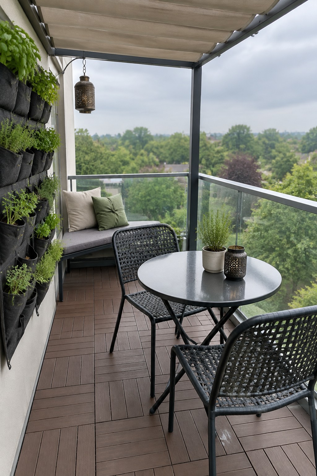 Balcony with round table, woven chairs, vertical garden planters, and tree view.