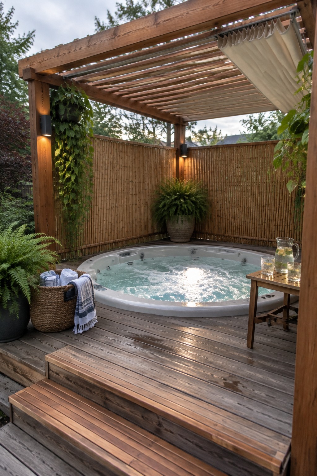 A round hot tub on a wooden deck under a slatted wooden pergola with bamboo fencing and potted plants nearby.