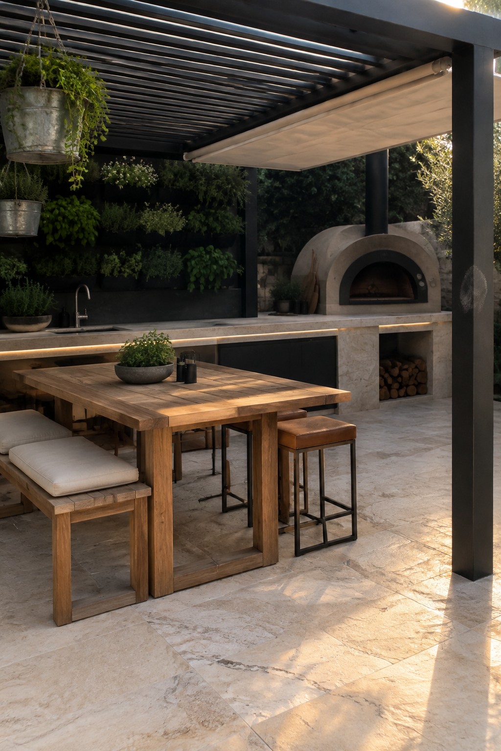 An outdoor patio with a wooden dining table under a black metal pergola next to a built-in kitchen counter and stone pizza oven, with a vertical garden wall in the background.