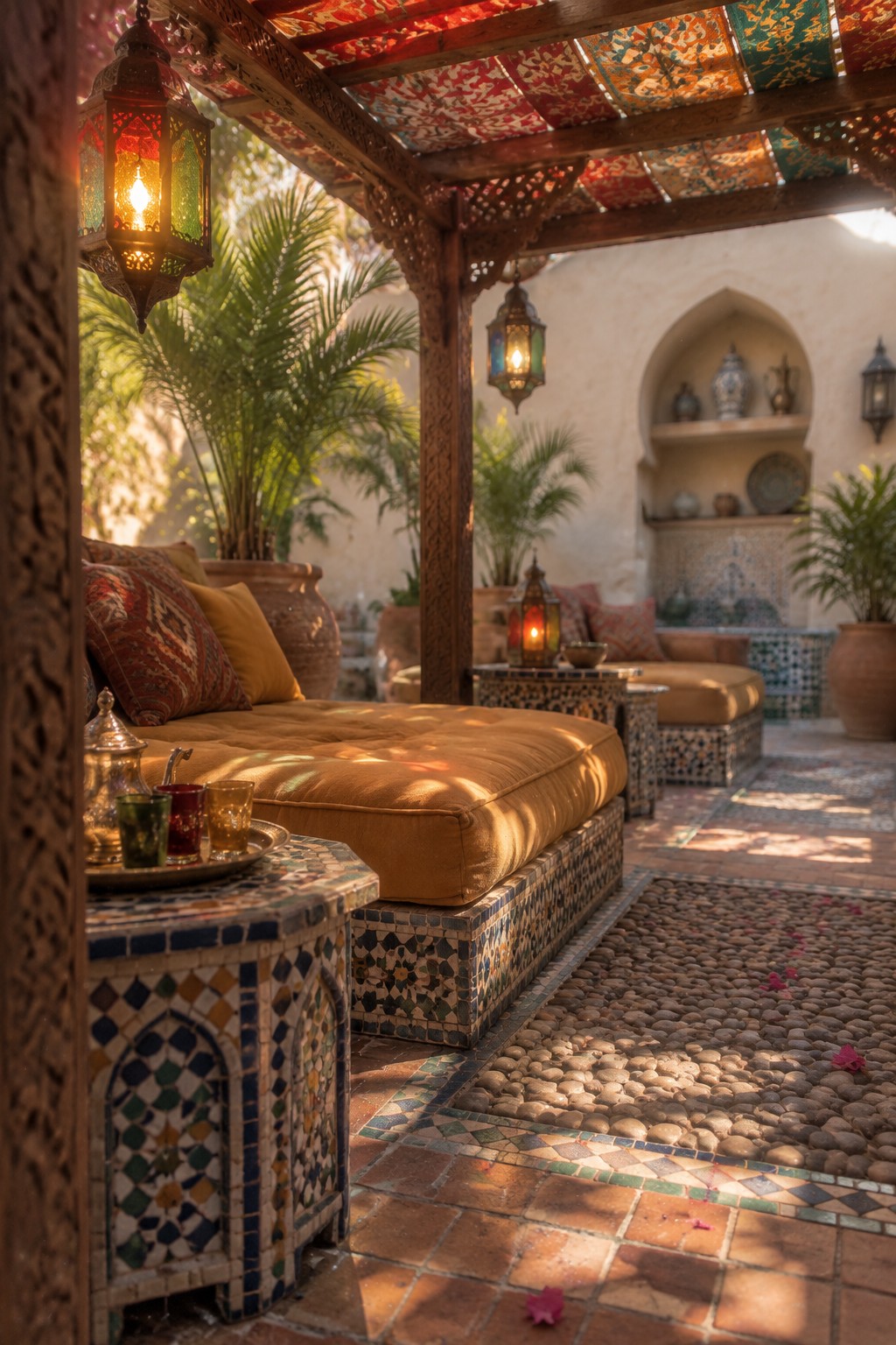 Sunlit Moroccan courtyard with mosaic tiles, orange cushions, lanterns, and pebble floor.