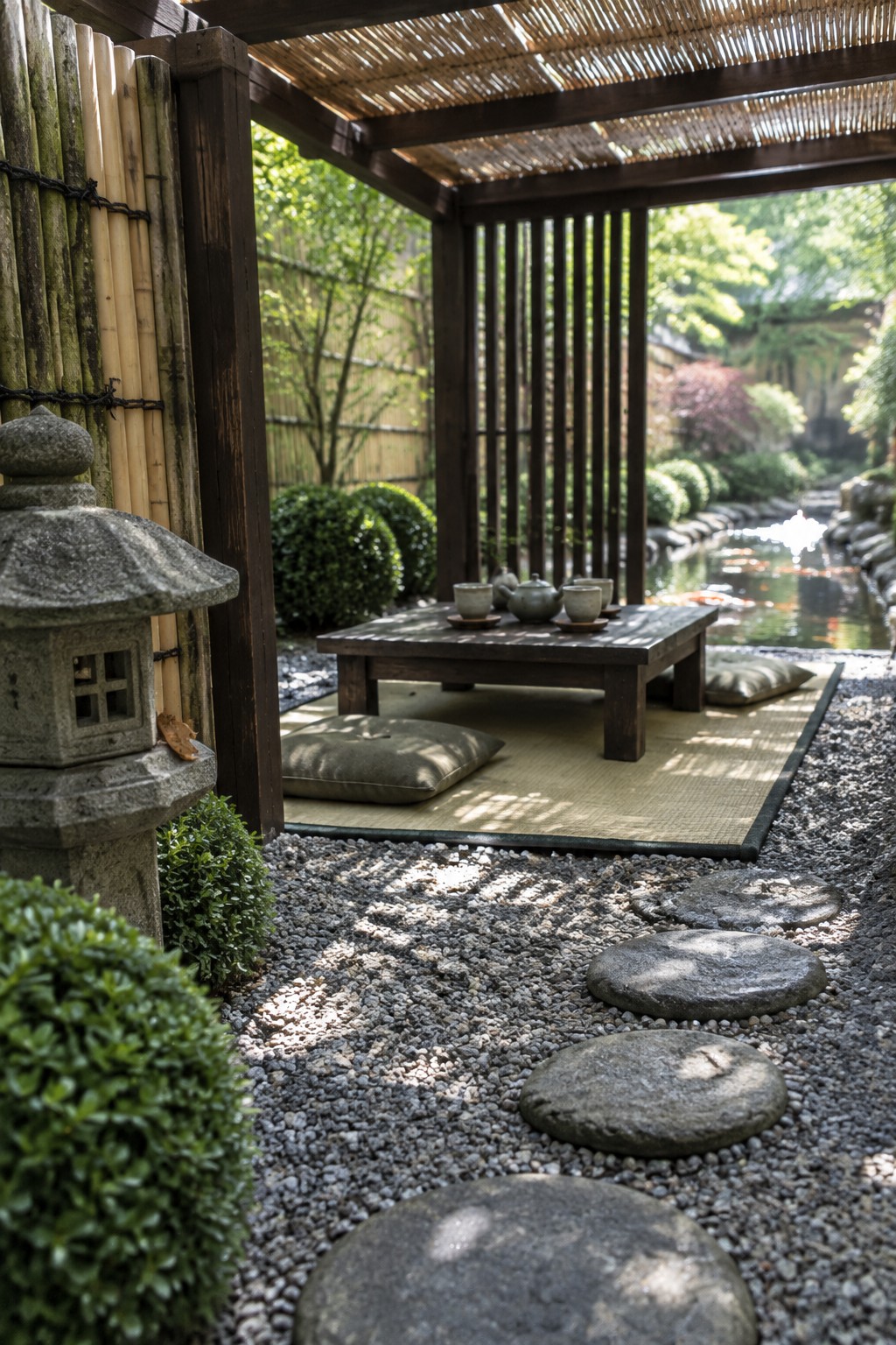 A wooden pergola with reed roofing shades a low table and cushions on a tatami mat, with a gravel path of stepping stones leading to it in a garden setting.