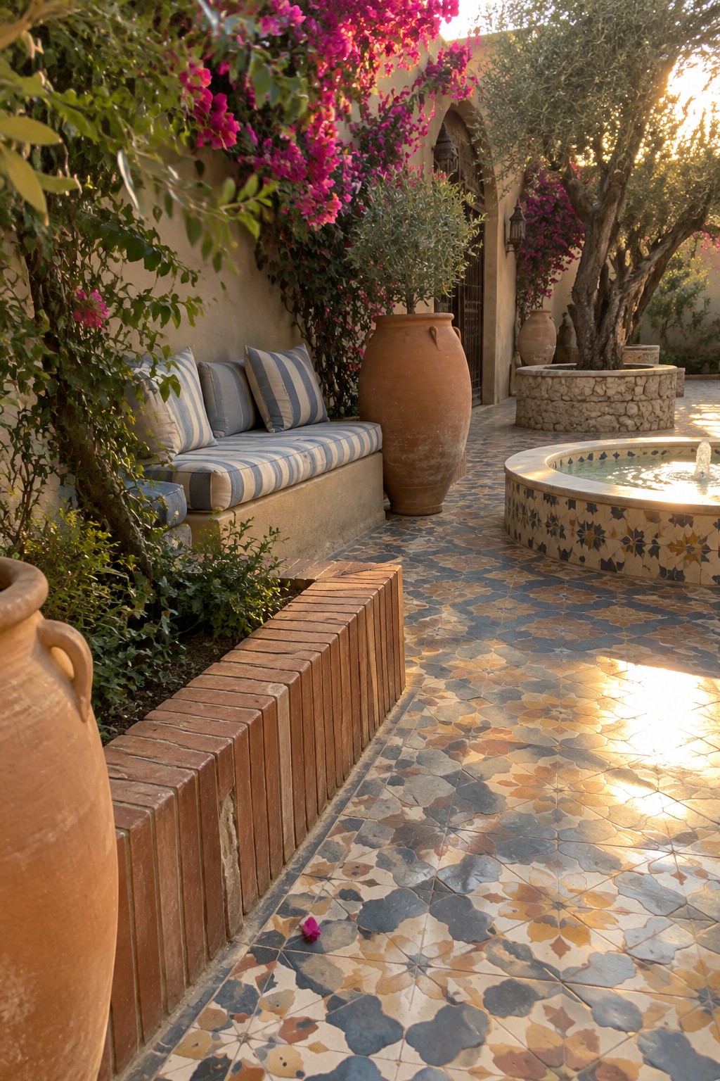 A courtyard patio with patterned tile flooring, a low brick border along a garden bed, a built-in bench with striped cushions, large clay pots, and a tiled fountain.