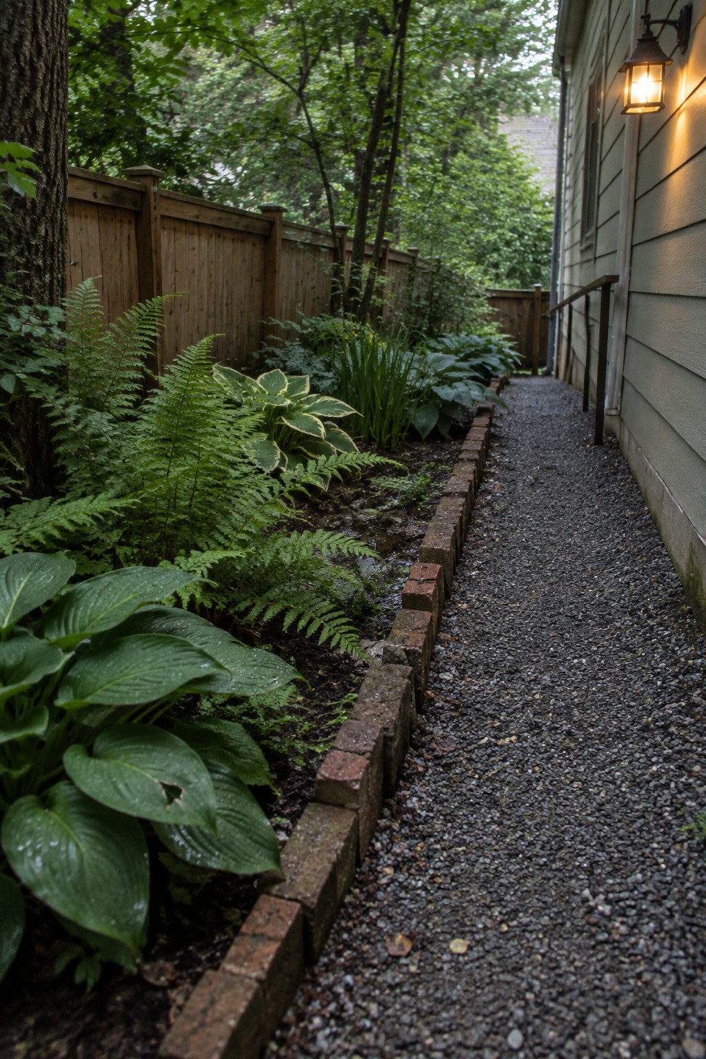 A gravel path runs beside a house with a low brick edge separating it from a garden bed planted with ferns and hostas.