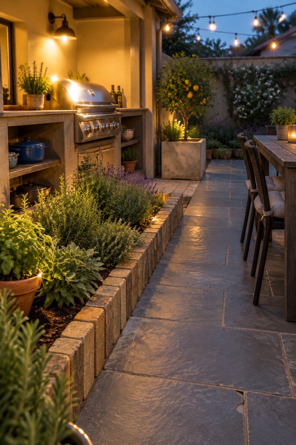 A stone paver walkway bordered by a low brick edge separating it from a garden bed with green plants and herbs.