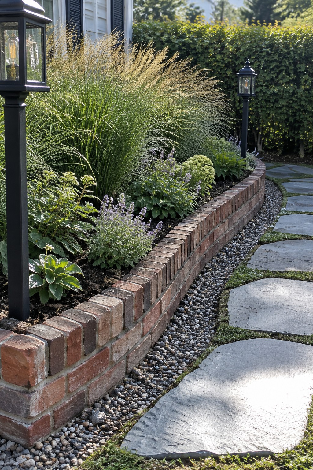A garden bed bordered by a low red brick edge runs beside a gravel strip and large gray stone pavers, with black lanterns and mixed plants visible.