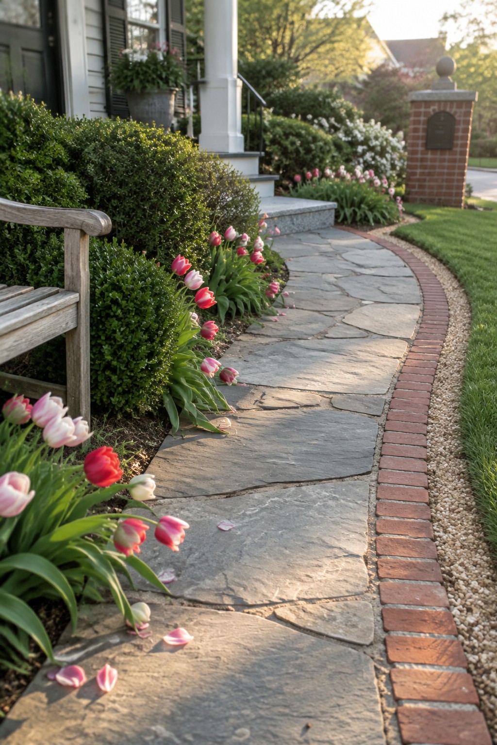 A curved stone pathway edged with red bricks, with pink and red tulips growing along the left side next to green shrubs.